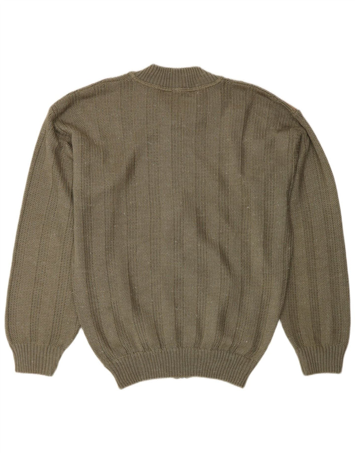 Vintage hombres cardigan suéter medio caqui colorblock acrílico