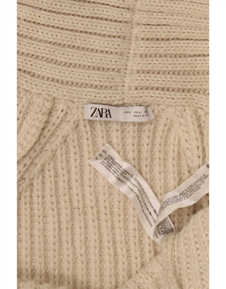 Zara Mujer Longline Open Cardigan Suéter UK 46 Grande Poliéster Beige