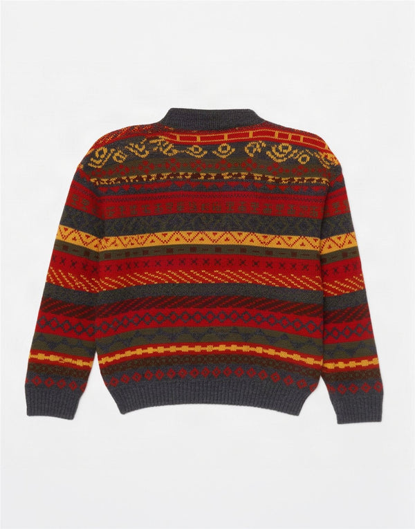 Vintage hombres cuello redondo jersey suéter medio multicolor Fair Isle