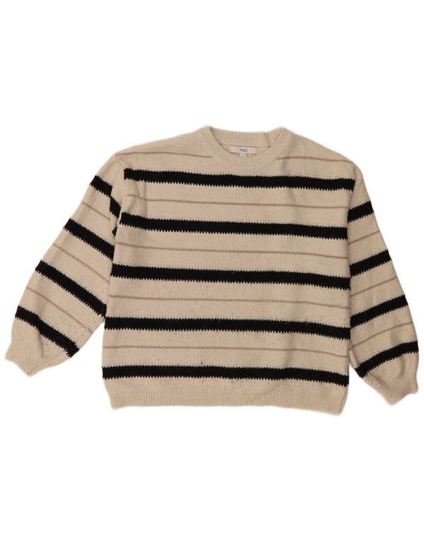 Marks & Spencer Womens Crew Neck Jumper Sweater UK 16 Large White Striped