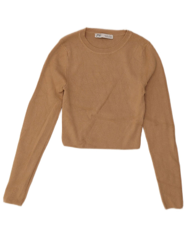 Zara Mujer Crop Boat Neck Jumper Sweater UK 8 Small Beige Viscosa