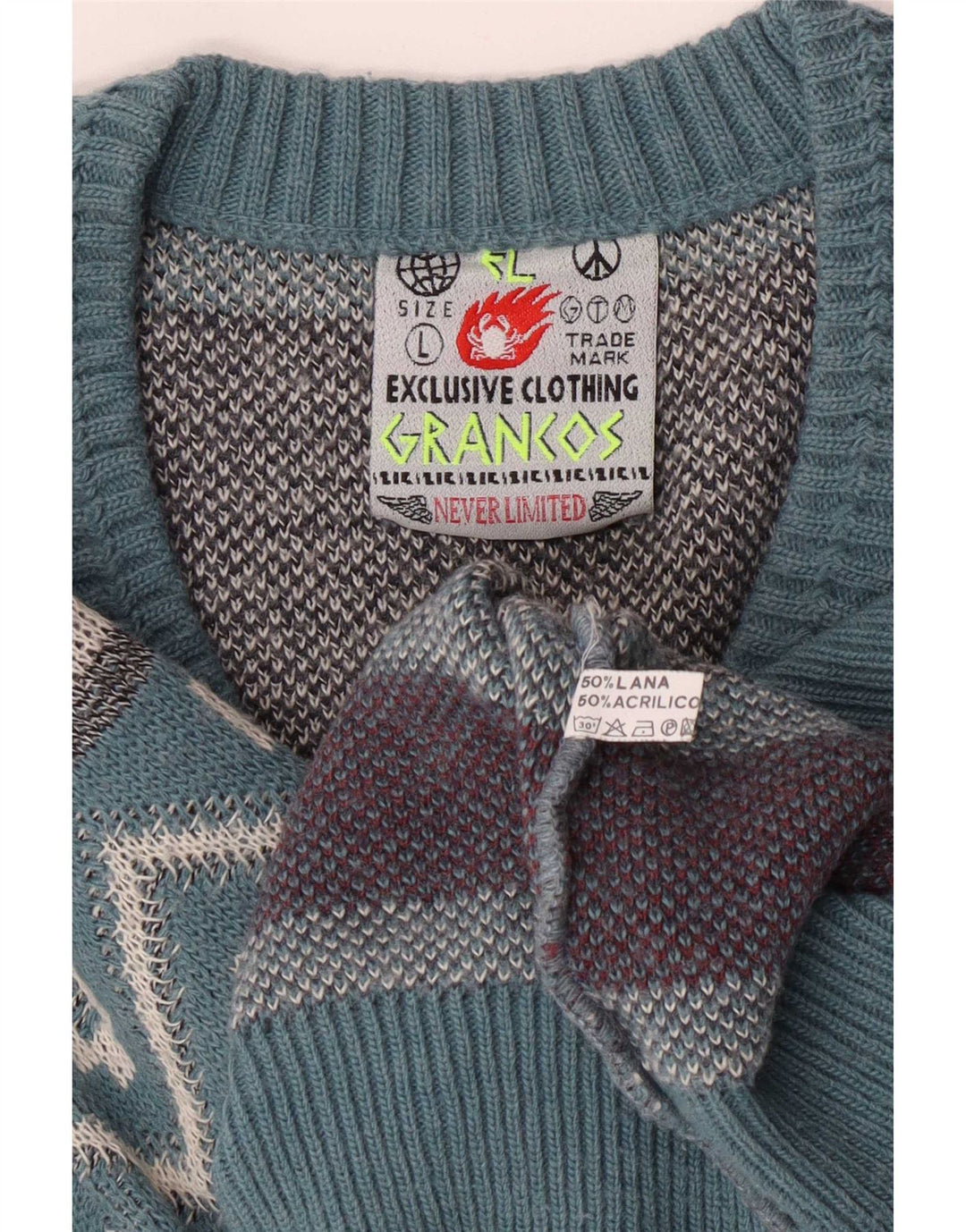 Vintage hombres V-cuello jumper suéter grande azul geométrico lana