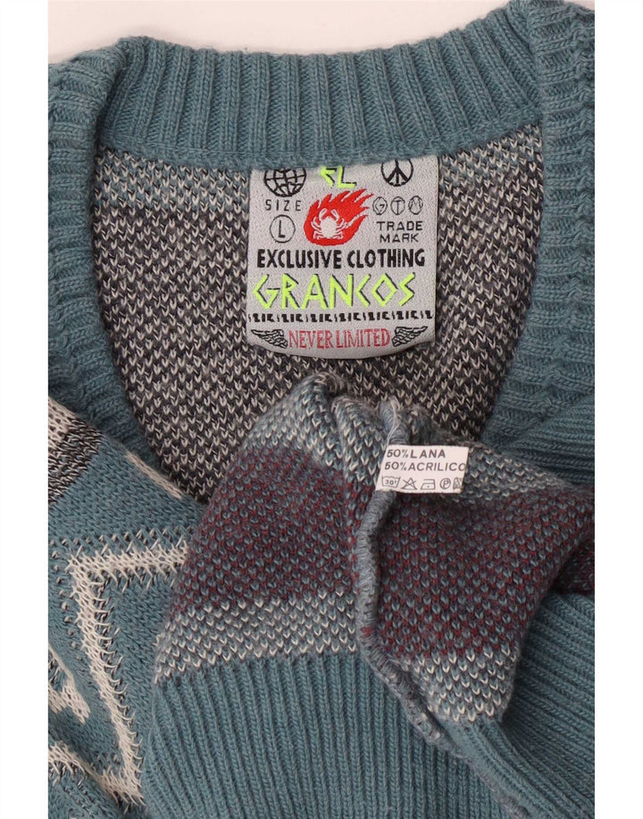 Vintage hombres V-cuello jumper suéter grande azul geométrico lana