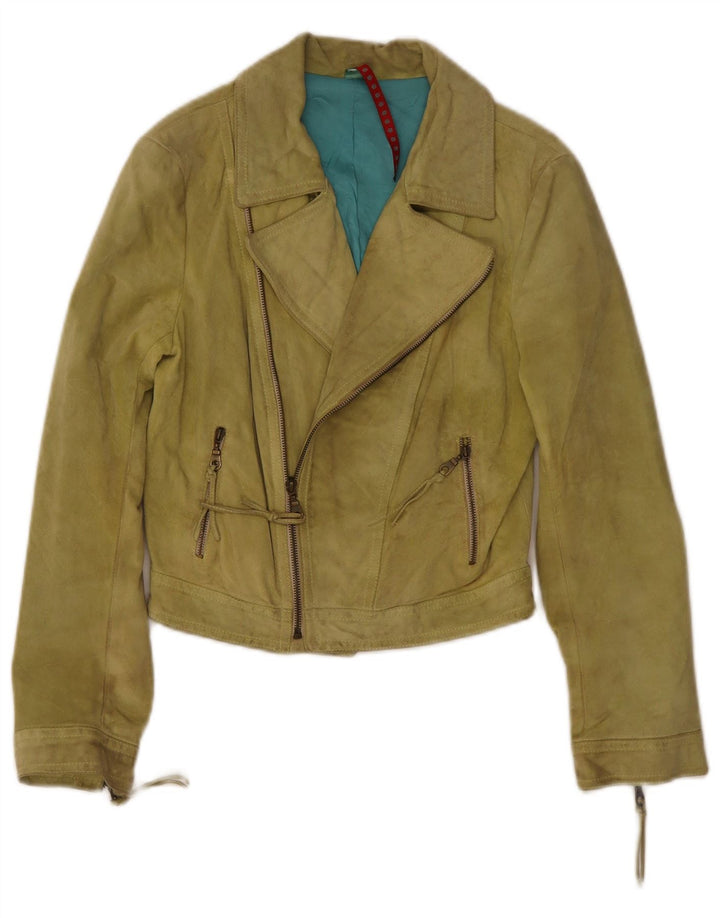 Vintage mujer crop ante biker chaqueta IT 40 pequeño cuero verde