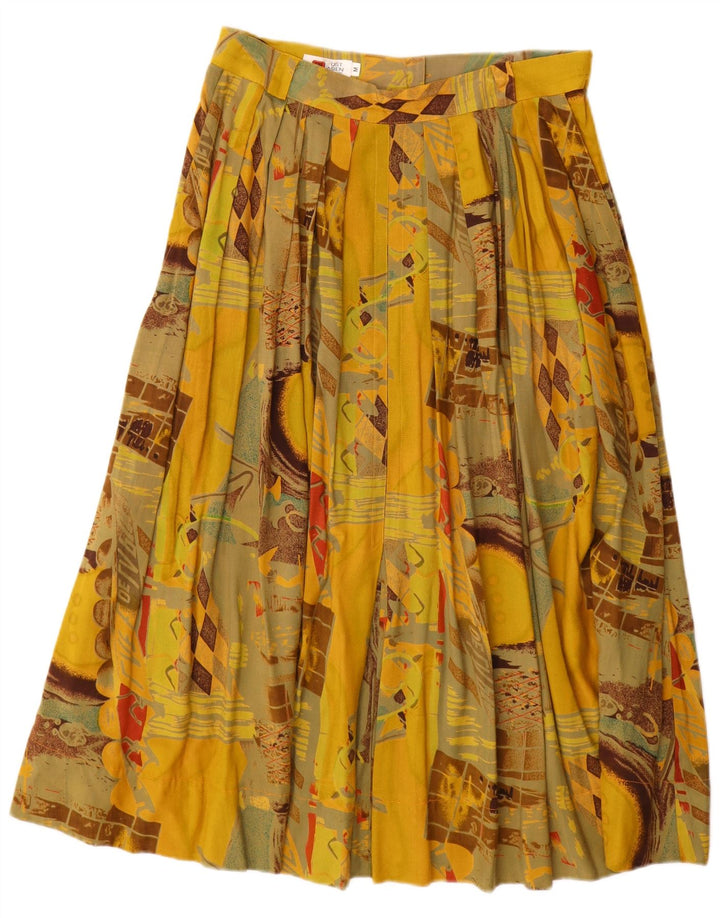 Vintage mujer patrón abstracto falda plisada mediana W30 amarillo