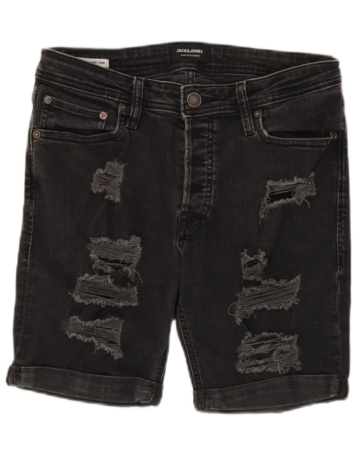 Jack & Jones Mens Tim Distressed Denim Shorts Medium W30 Algodón Negro