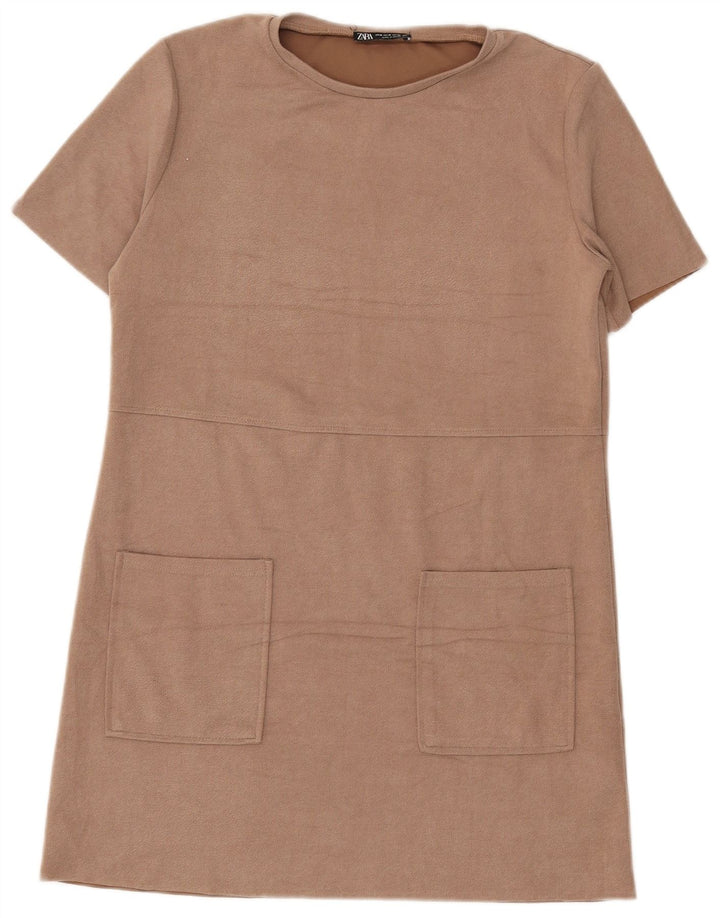 Zara Mujer Vestido Recto UK 44 Poliéster Beige Medio