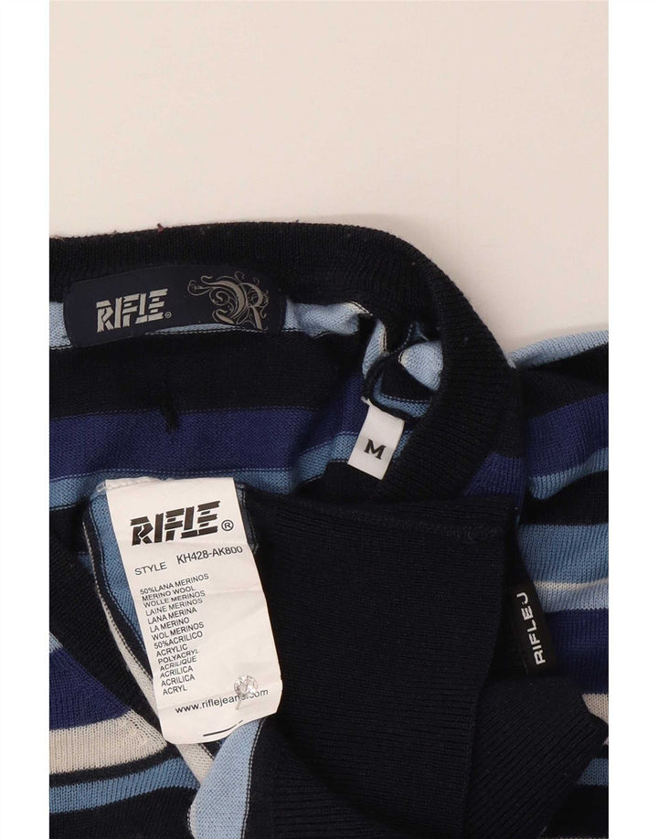 Rifle Jersey con cuello en V para hombre Jersey de lana a rayas azul marino medio