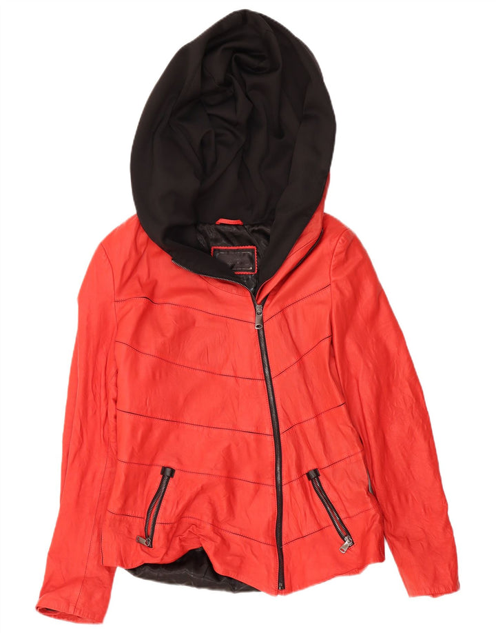 IBIZA Chaqueta de cuero con capucha para mujer UK 20 2XL Cuero color block rojo
