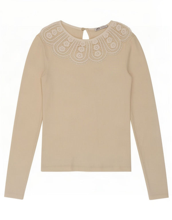 Zara Mujer Crop Top Manga Larga UK 8 Small Beige