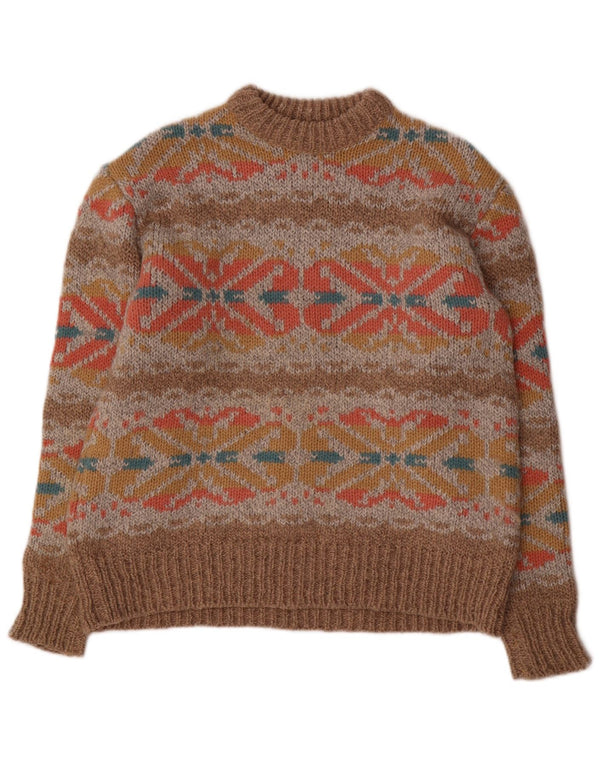 Vintage mujer cuello redondo jersey suéter Reino Unido 14 grande marrón Fair Isle