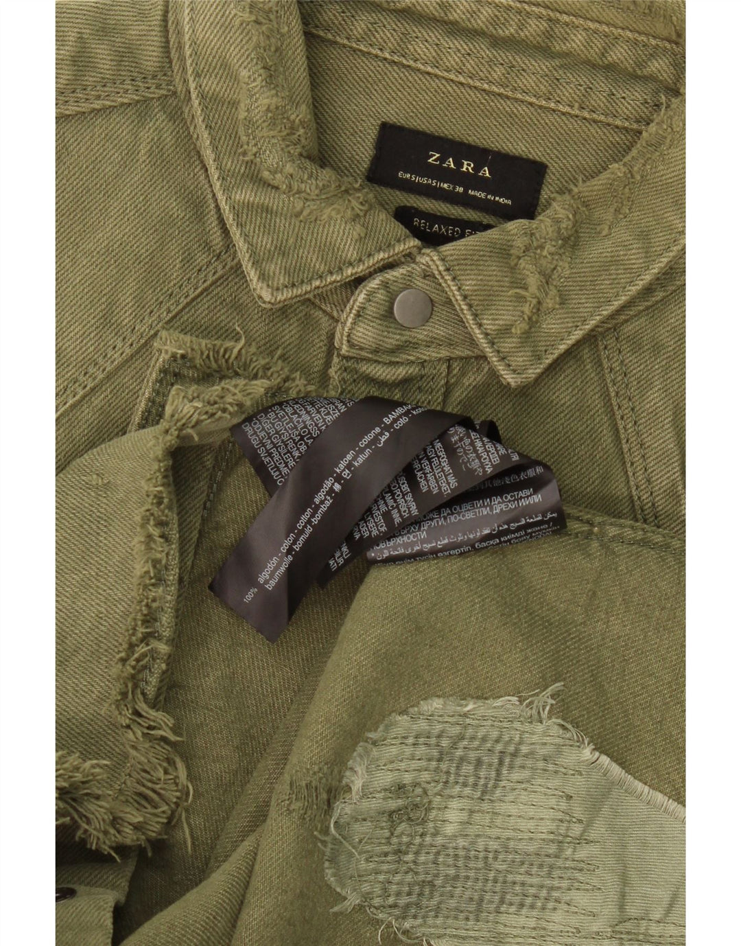 ZARA Hombre Camisa Vaquera De Corte Relajado Desgastado Pequeño Algodón Caqui