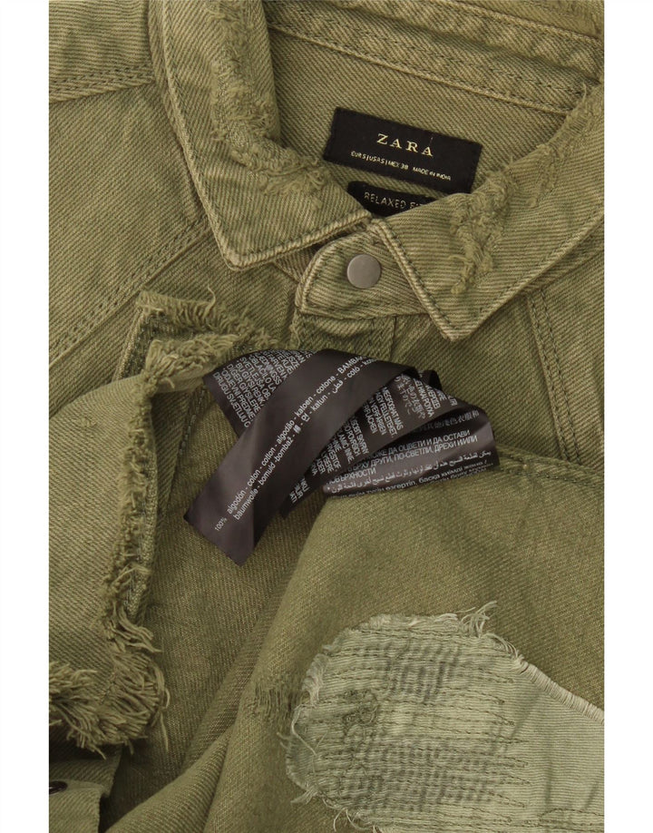 ZARA Hombre Camisa Vaquera De Corte Relajado Desgastado Pequeño Algodón Caqui