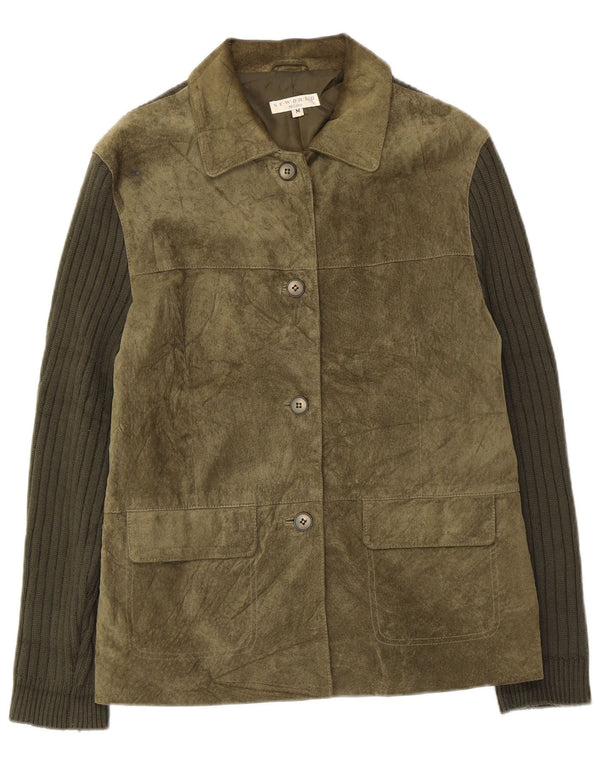 Vintage mujer punto ante chaqueta Reino Unido 14 cuero verde medio