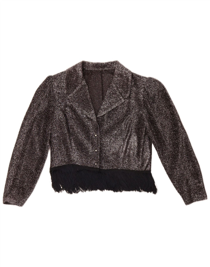 Vintage mujer crop camisa blusa Reino Unido 14 plata mediana