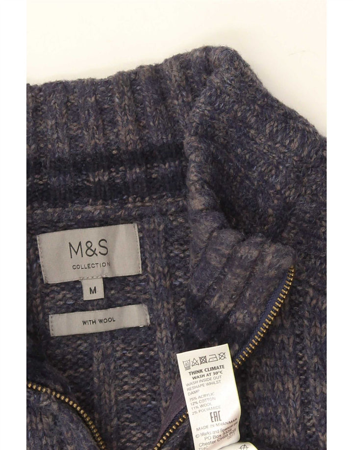 Marks & Spencer Suéter tipo jersey con cuello y cremallera para hombre, tamaño mediano, azul marino moteado