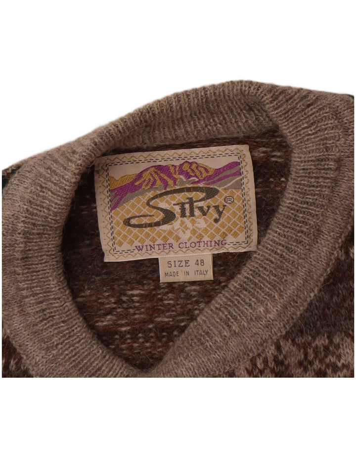Silvy Jersey De Cuello Redondo Para Hombre IT 48 Lana De Alpaca Fair Isle Gris Medio
