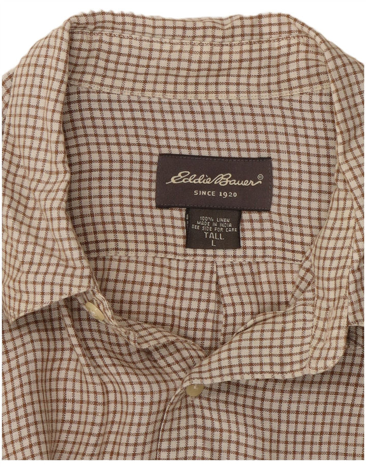 EDDIE BAUER Camisa alta de manga corta para hombre de lino a cuadros marrón grande