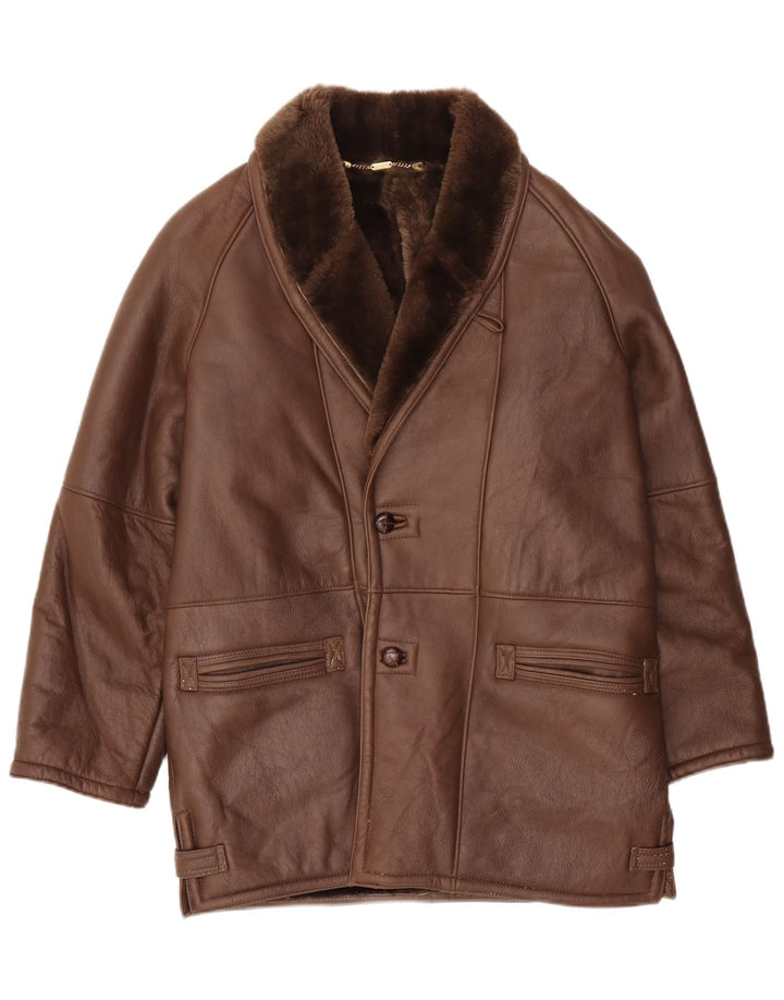 Chaqueta de piel de oveja vintage para hombre IT 50 piel de oveja marrón grande