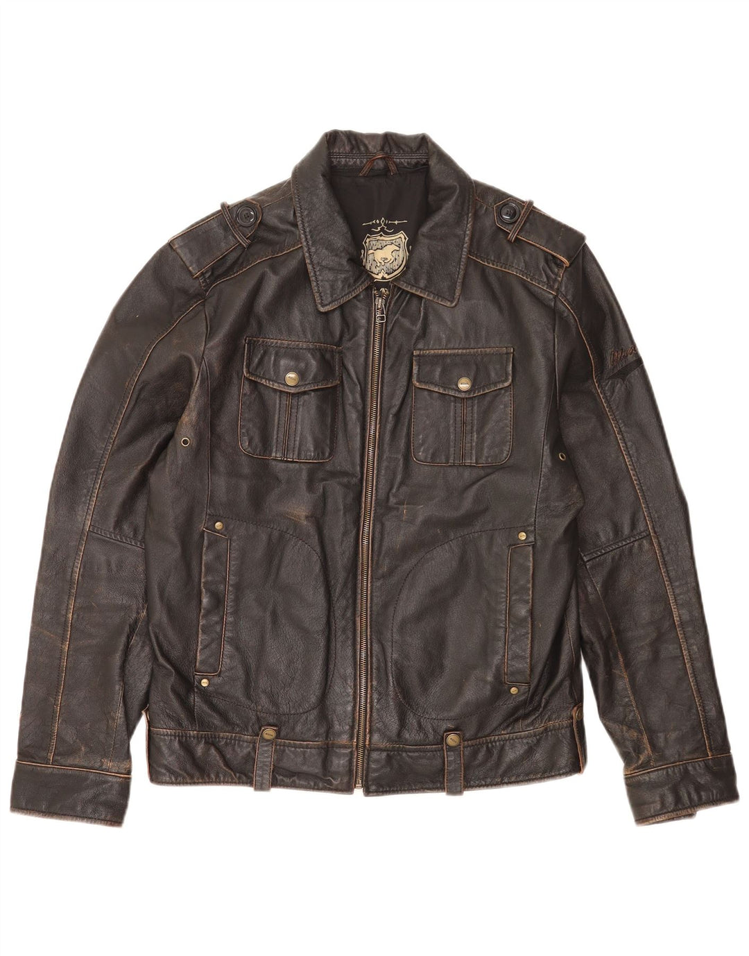 Mustang Chaqueta de cuero militar para hombre UK 36 Small Cuero marrón