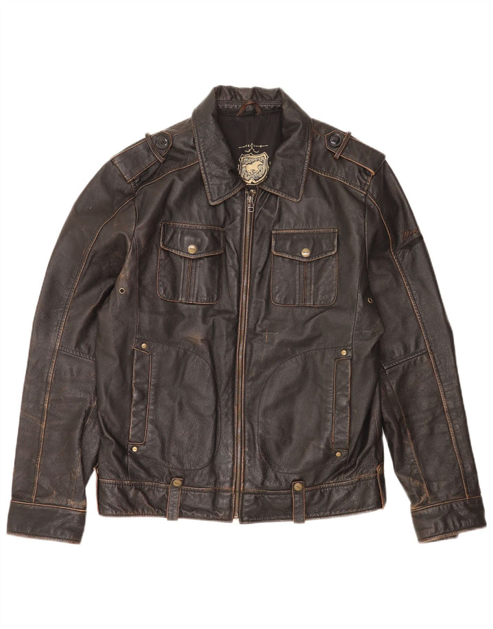 Mustang Chaqueta de cuero militar para hombre UK 36 Small Cuero marrón