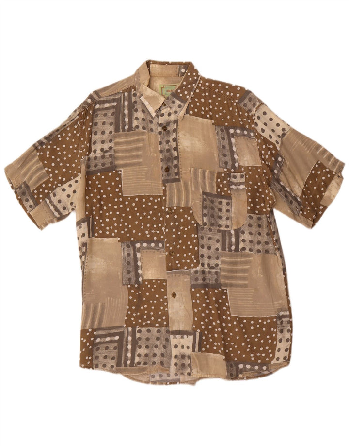 Camisa vintage de manga corta para hombre Patchwork marrón medio