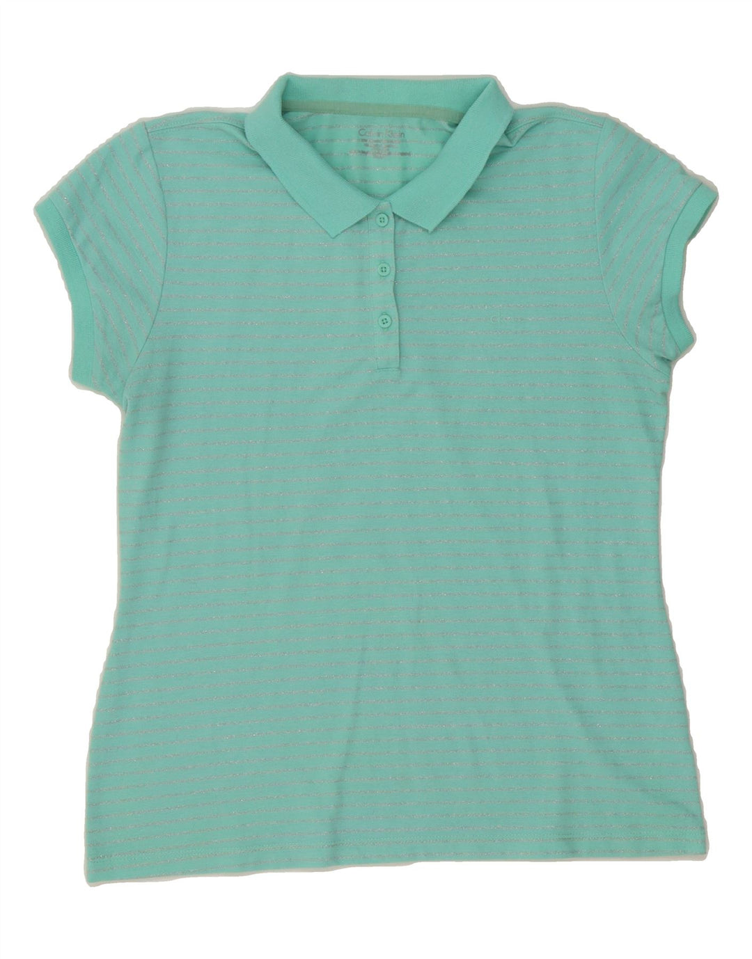 CALVIN KLEIN Womens Polo Shirt UK 14 Large Turquoise Striped Polyester Vintage Calvin Klein and Second-Hand Calvin Klein from Messina Hembry 