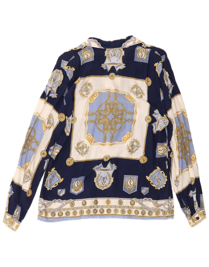 VINTAGE Mujer Patrón Abstracto Camisa Blusa Reino Unido 14 Azul Marino Medio