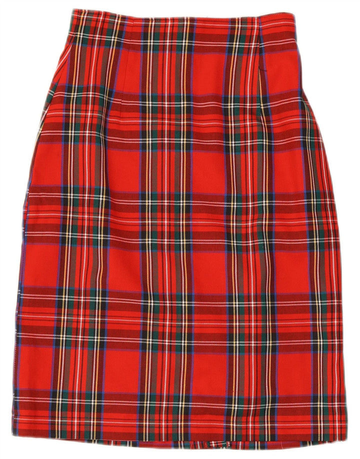 Vintage mujer lápiz falda Reino Unido 9/10 pequeño W26 rojo comprobar poliéster
