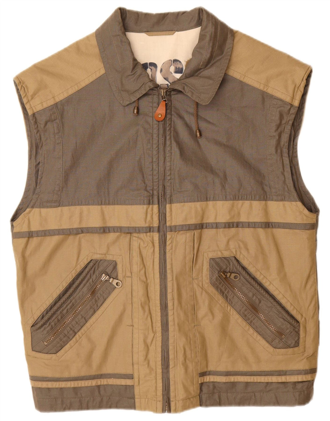 VINTAGE Hombres Gilet Reino Unido 38 Medio Beige Colorblock Algodón