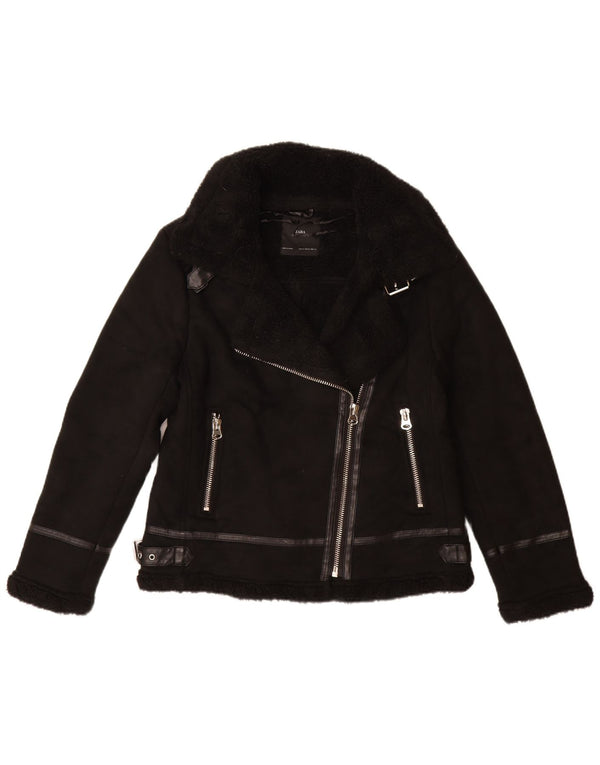 ZARA Mujer Sherpa Biker Jacket UK 44 Mediano Negro Poliéster