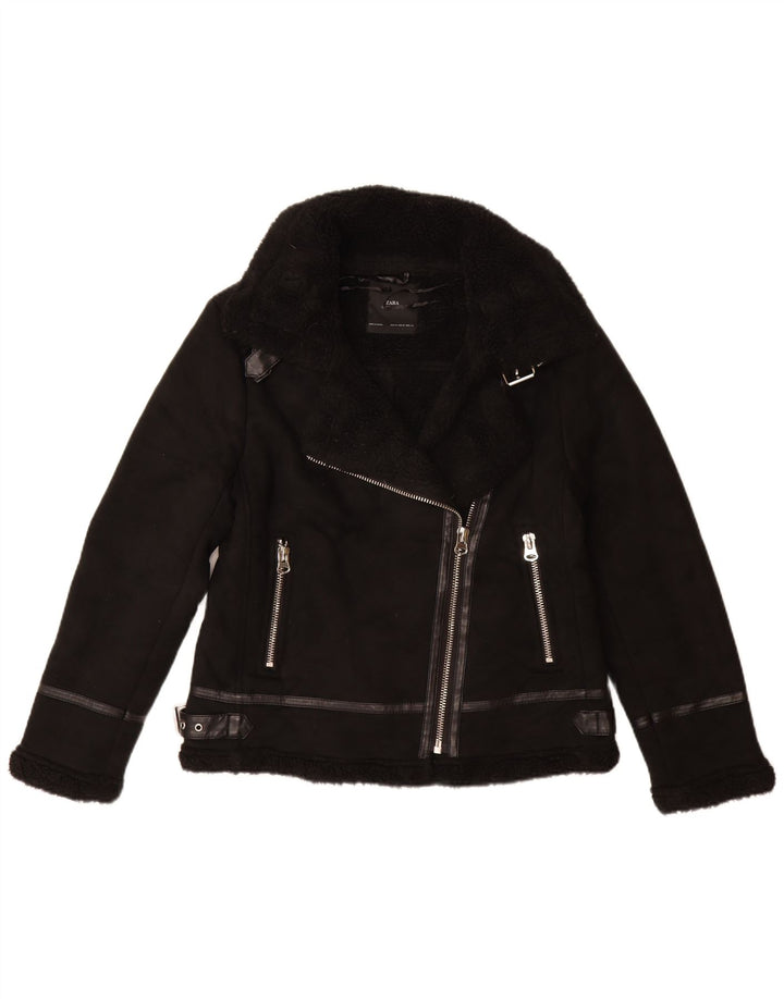 ZARA Mujer Sherpa Biker Jacket UK 44 Mediano Negro Poliéster