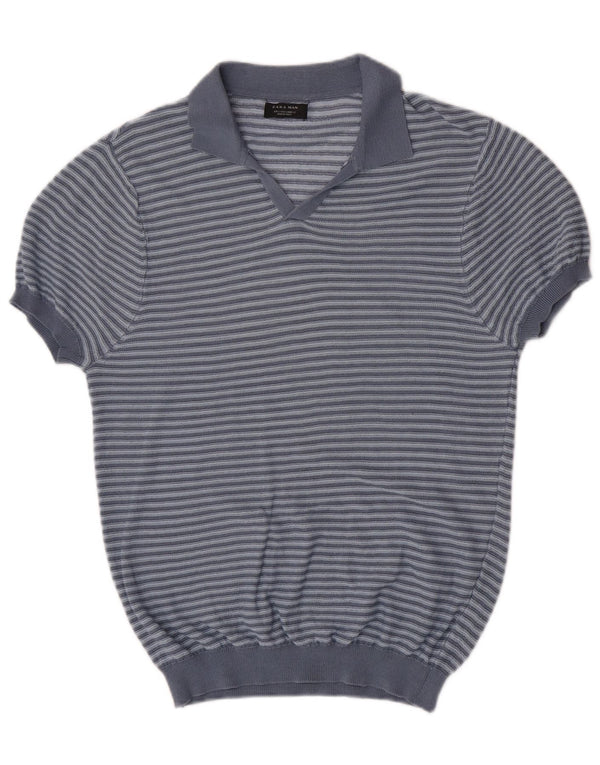 Zara Jersey de manga corta con cuello tipo polo para hombre, talla grande, color azul a rayas