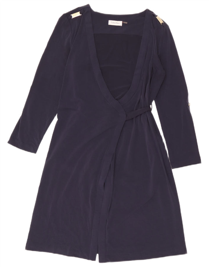 Calvin Klein Vestido cruzado de manga larga para mujer UK 44 Poliéster azul marino mediano