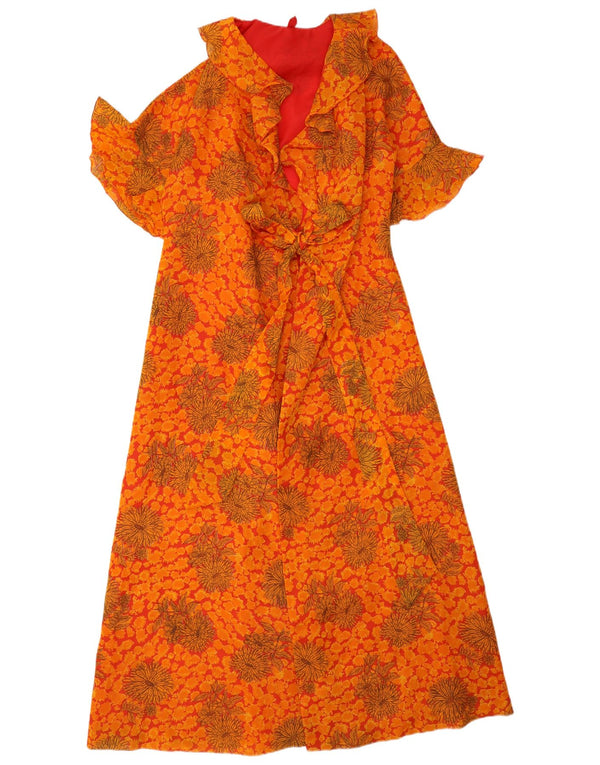 Vintage mujer bata Maxi vestido Reino Unido 14 medio naranja floral Boho