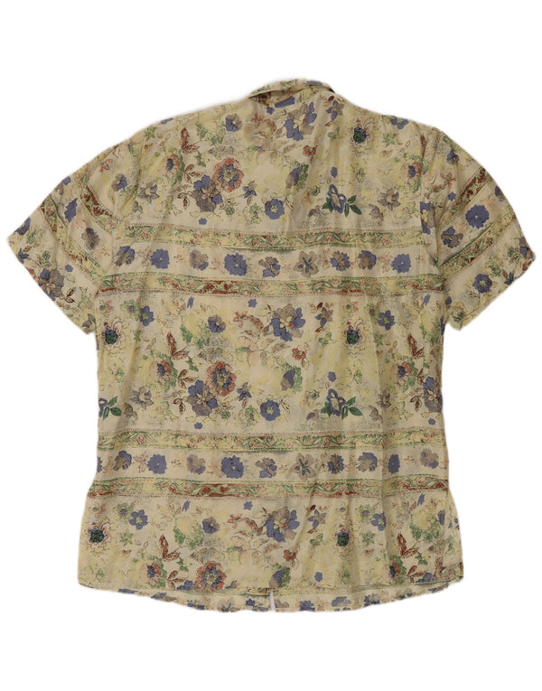 Vintage mujer camisa de manga corta blusa EU 40 seda floral verde medio