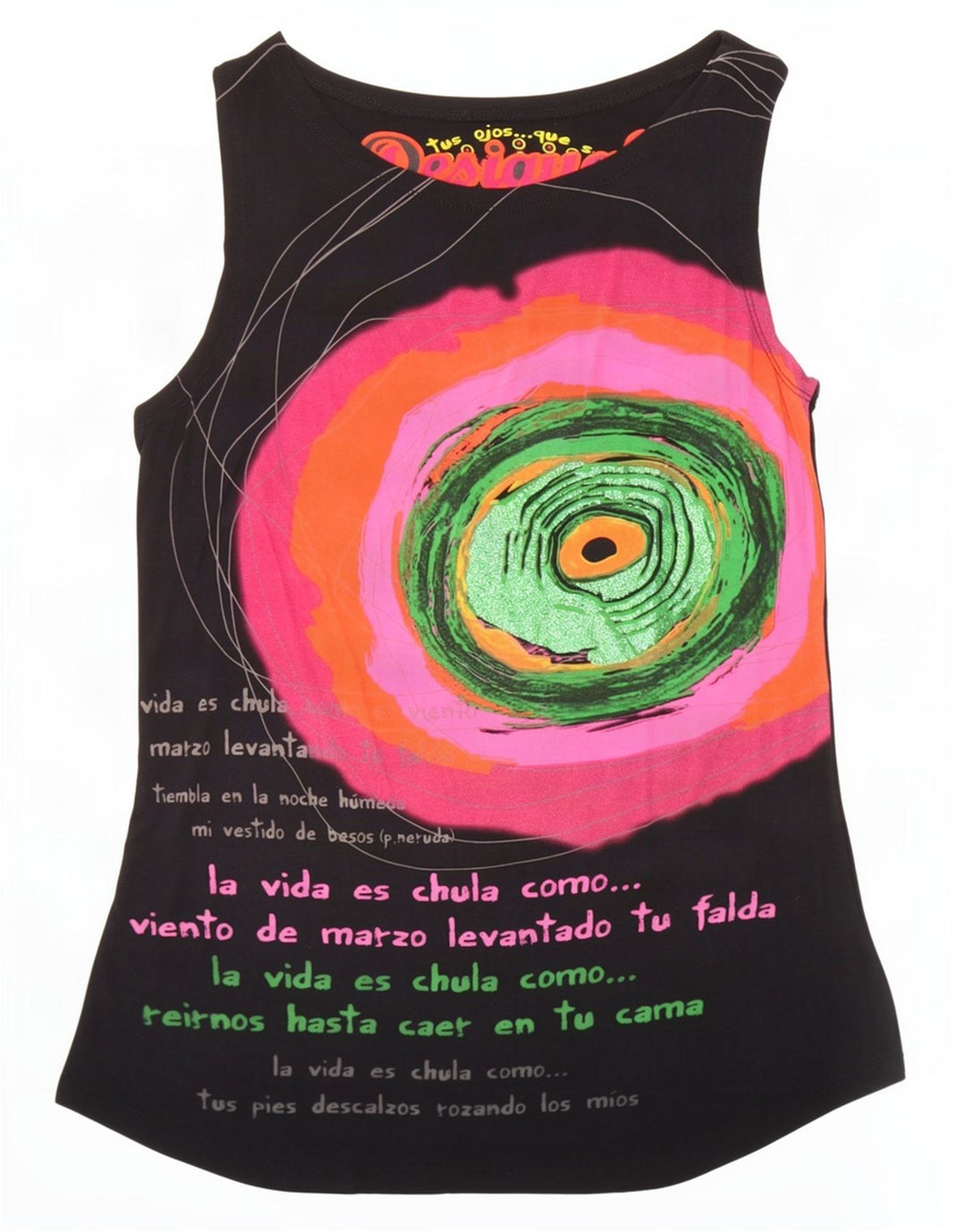 Desigual Mujer Gráfico Chaleco Top Reino Unido 14 Grande Negro
