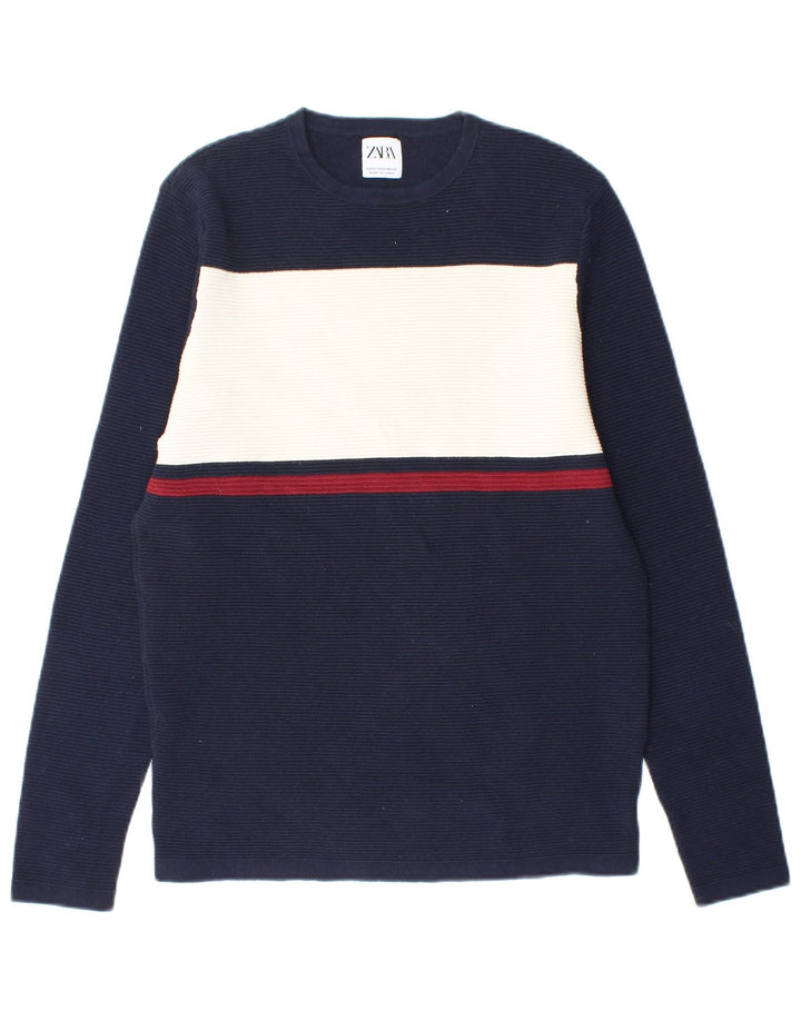 ZARA Hombre Jersey De Cuello Redondo De Algodón Color Block Azul Marino Medio