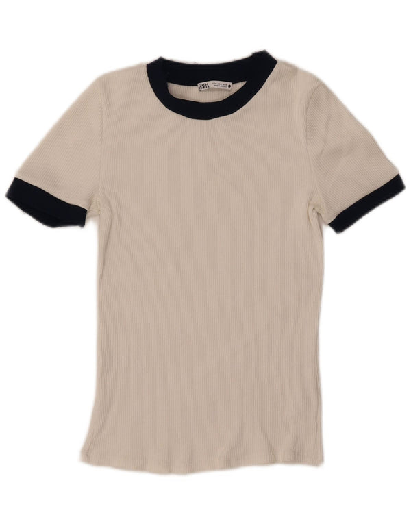 Zara Mujer Camiseta Top UK 40 Medio Blanco Colorblock Poliéster