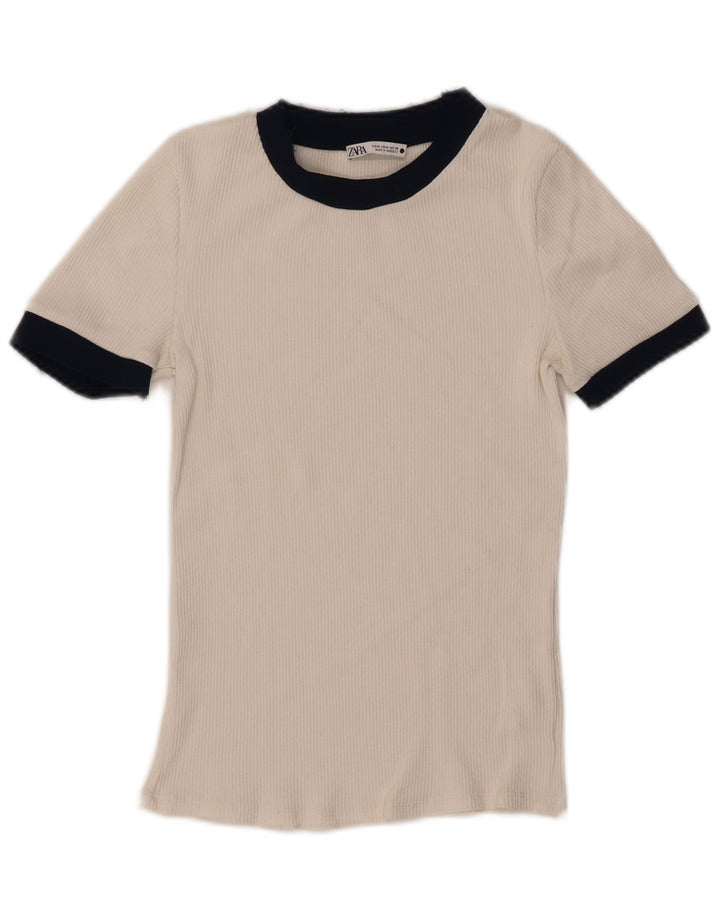 Zara Mujer Camiseta Top UK 40 Medio Blanco Colorblock Poliéster