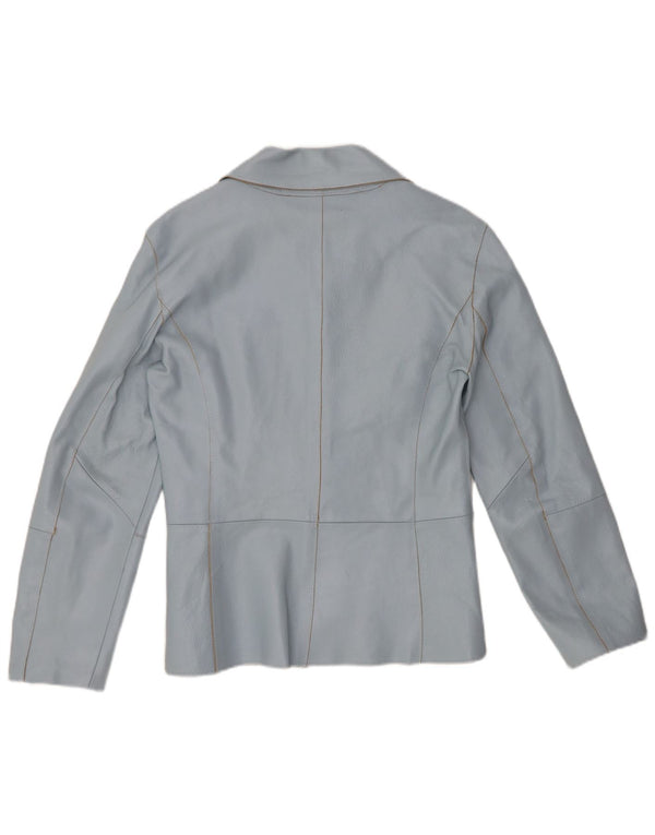 VINTAGE Mujer 2 Botones Cuero Blazer Chaqueta Reino Unido 12 Azul Medio
