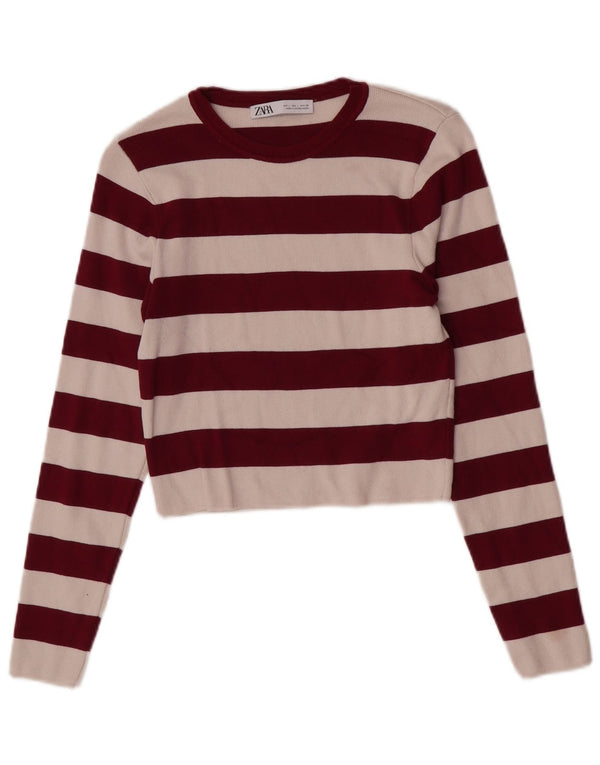 Zara Mujer Blusa Corta Top UK 44 Grande Viscosa A Rayas Borgoña