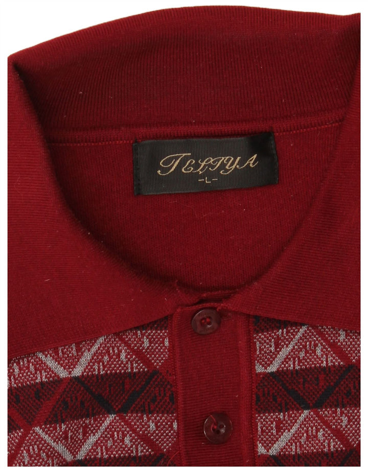 VINTAGE Hombres Polo Cuello Jersey Suéter Grande Borgoña Geométrico