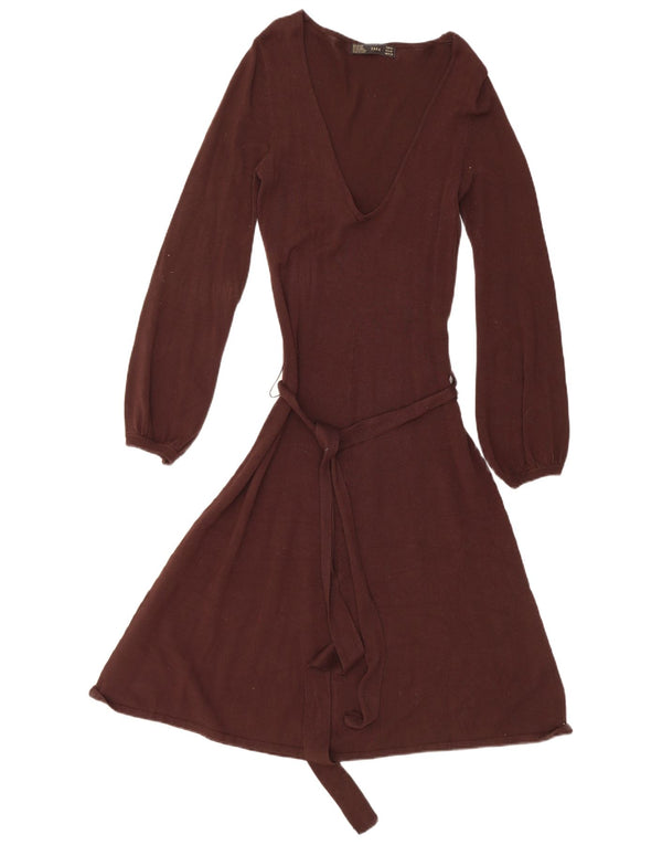 Zara Vestido tipo jersey de manga larga para mujer UK 42 Rayón marrón medio