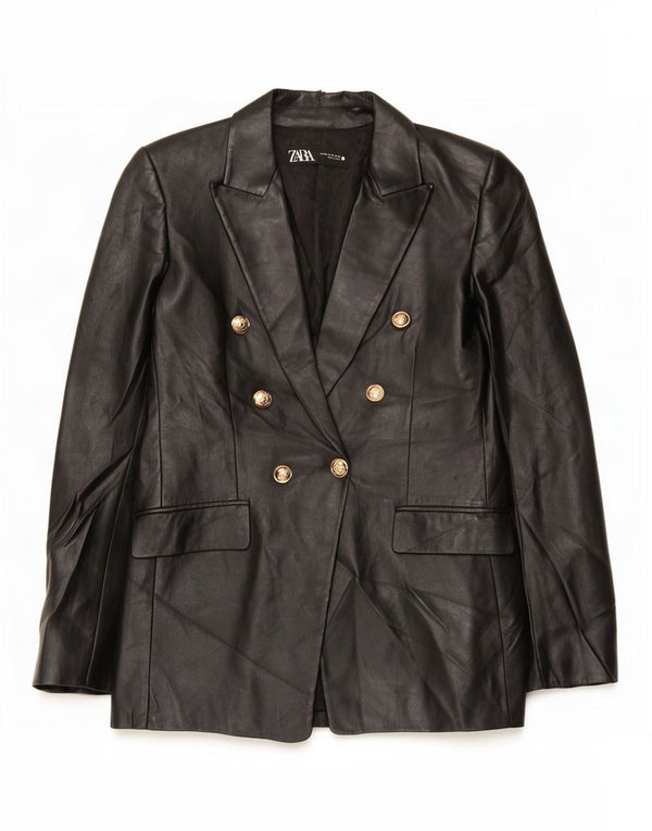Zara Chaqueta Blazer De Piel Sintética De Doble Botonadura para Mujer UK 6 XS Negro