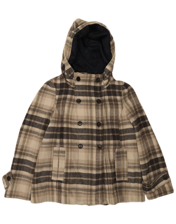 Zara Womens Short Hooded Double Breasted Coat UK 16 Large Beige Plaid