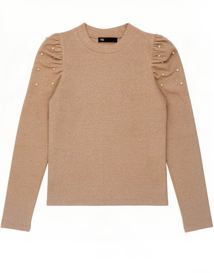 Zara Mujer Top Manga Larga UK 42 Viscosa Beige Medio