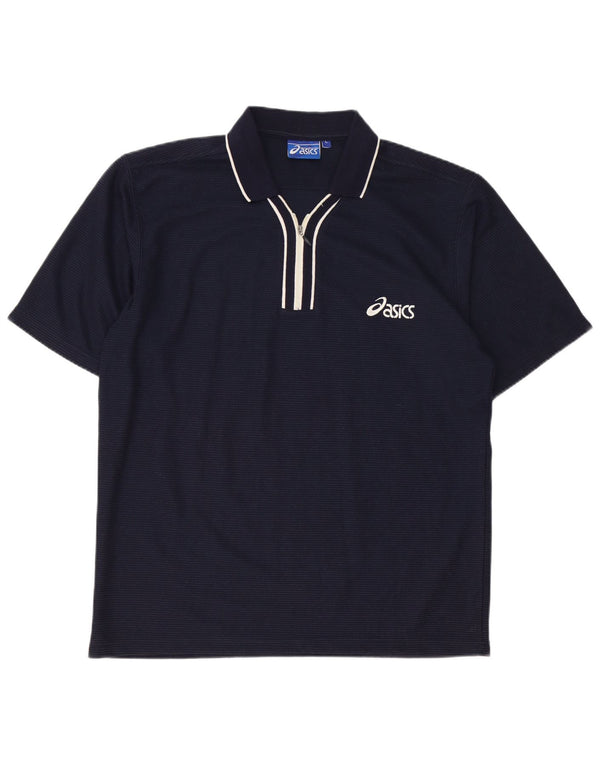 ASICS Polo para hombre grande de algodón a rayas azul marino