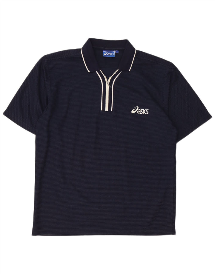 ASICS Polo para hombre grande de algodón a rayas azul marino