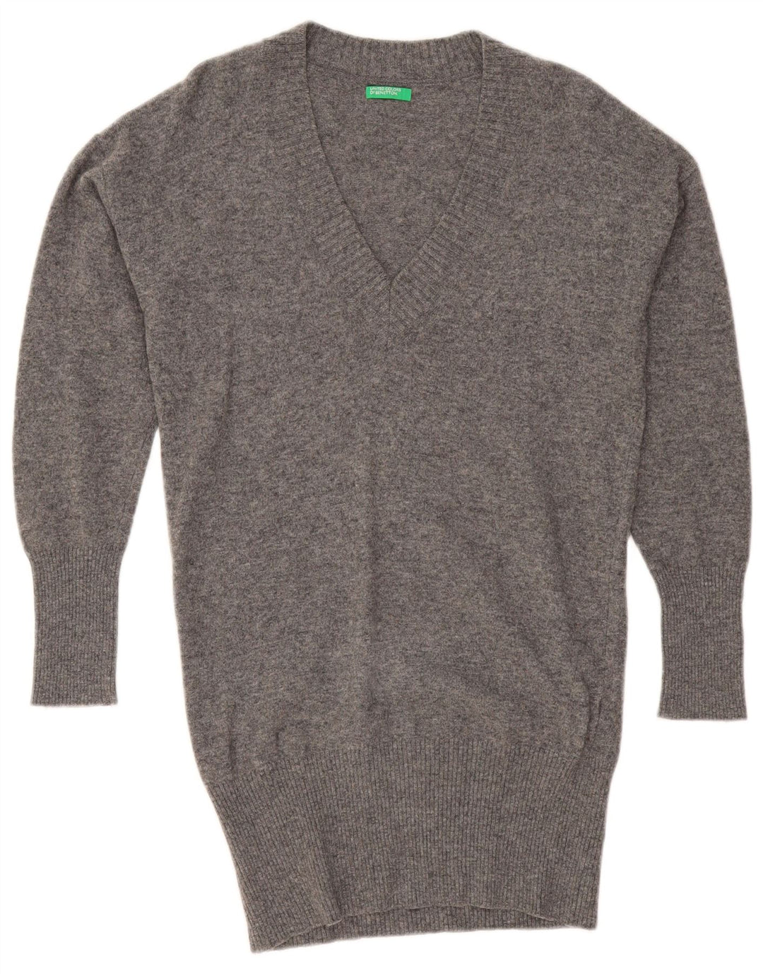 BENETTON Suéter largo con cuello en V para mujer, talla grande, talla S, color gris
